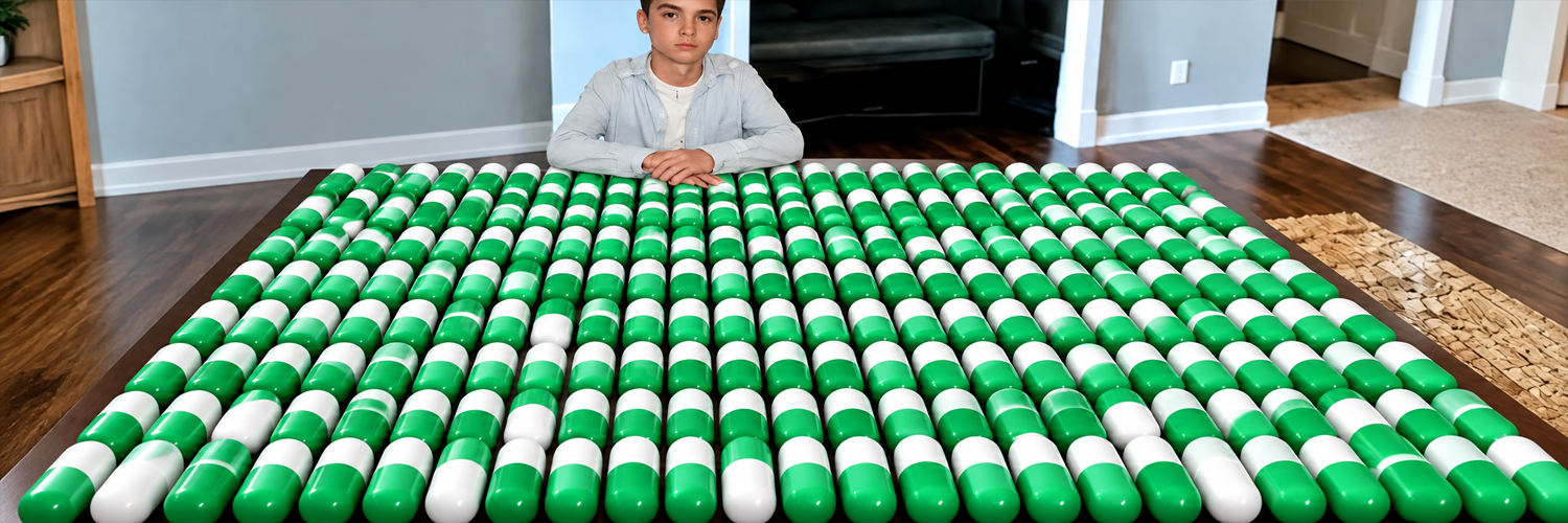 A kid seated behind a table covered in green and white capsules